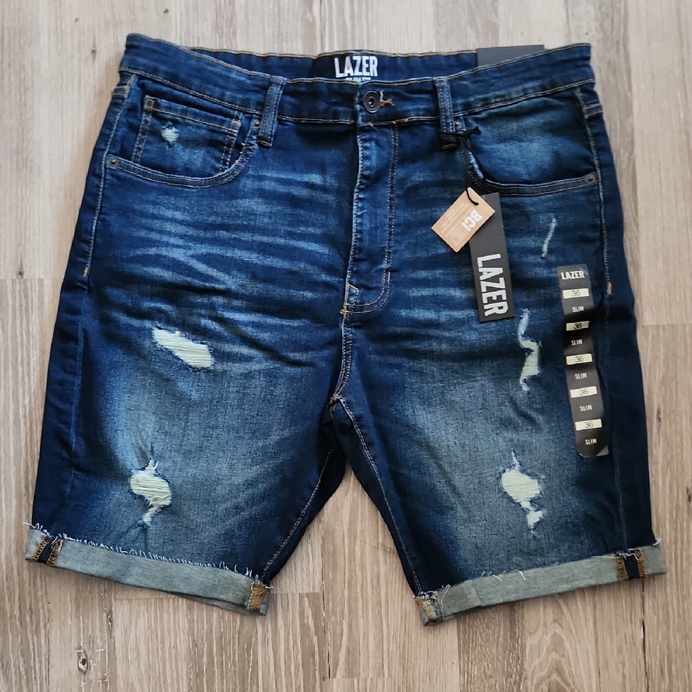 Lazer Distressed Denim Slim Shorts - Dark Blue Bermuda Length Size 36